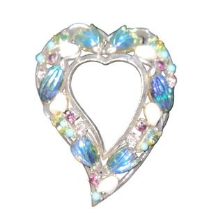 Vintage Florenza Heart Brooch Silver Tone Blue AB Rhinestone and stone Pin